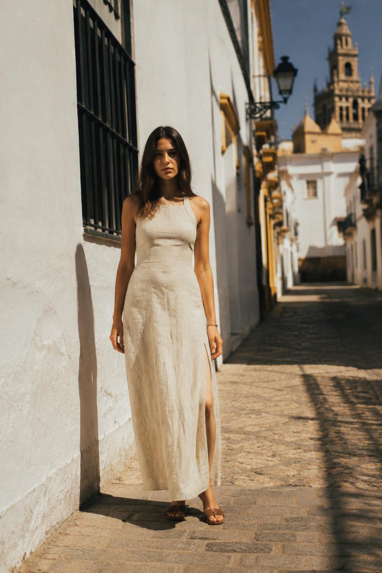 A woman in a linen dress standing in a sunlit whitewashed Seville street