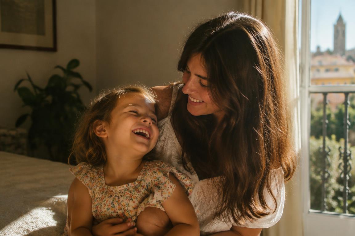A mother and her small daughter laughing by a sunlit window